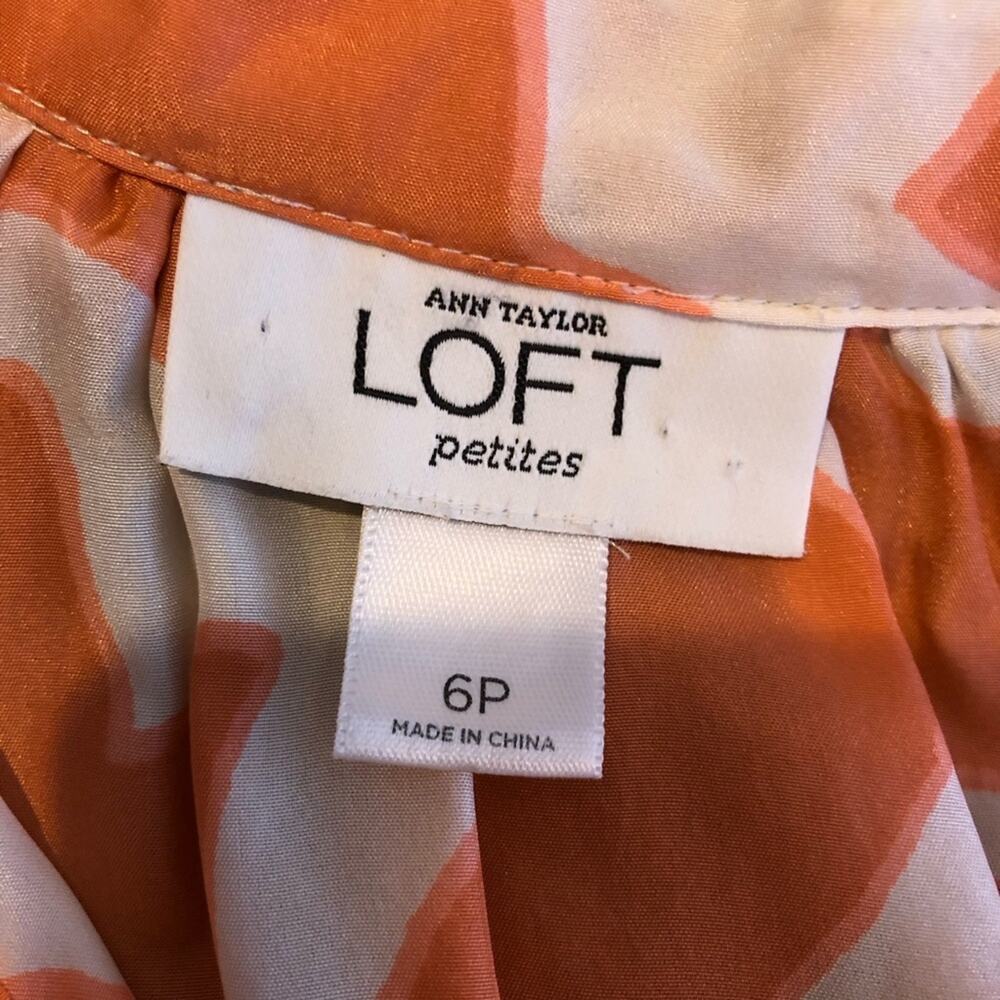 LOFT orange cream ruffle trim button front silk dress size 6 Petite 6P - Picture 8 of 16